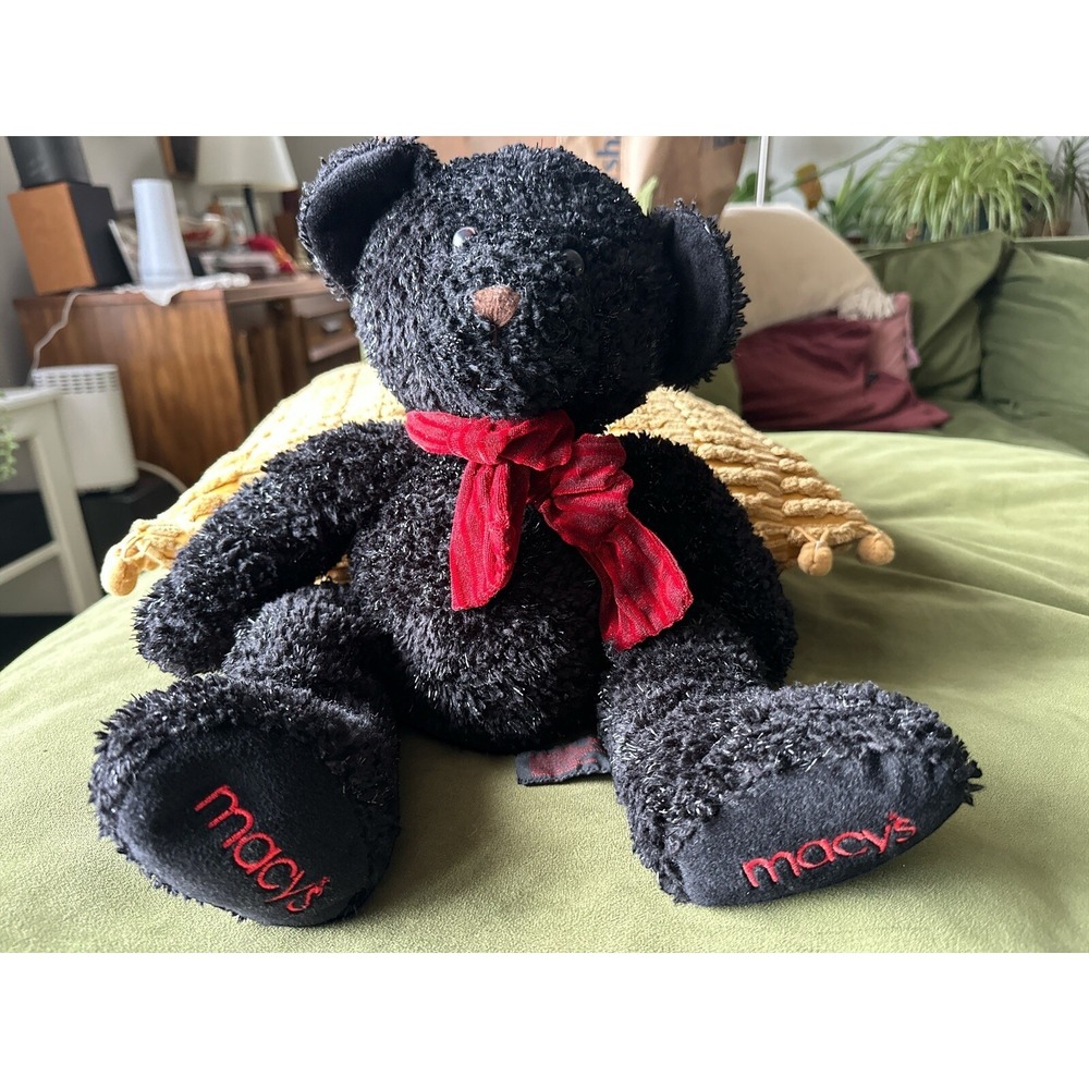 Vintage MACYS Y2K Black Sparkle Teddy Bear Plush Russ Berrie & Co Christmas 2000